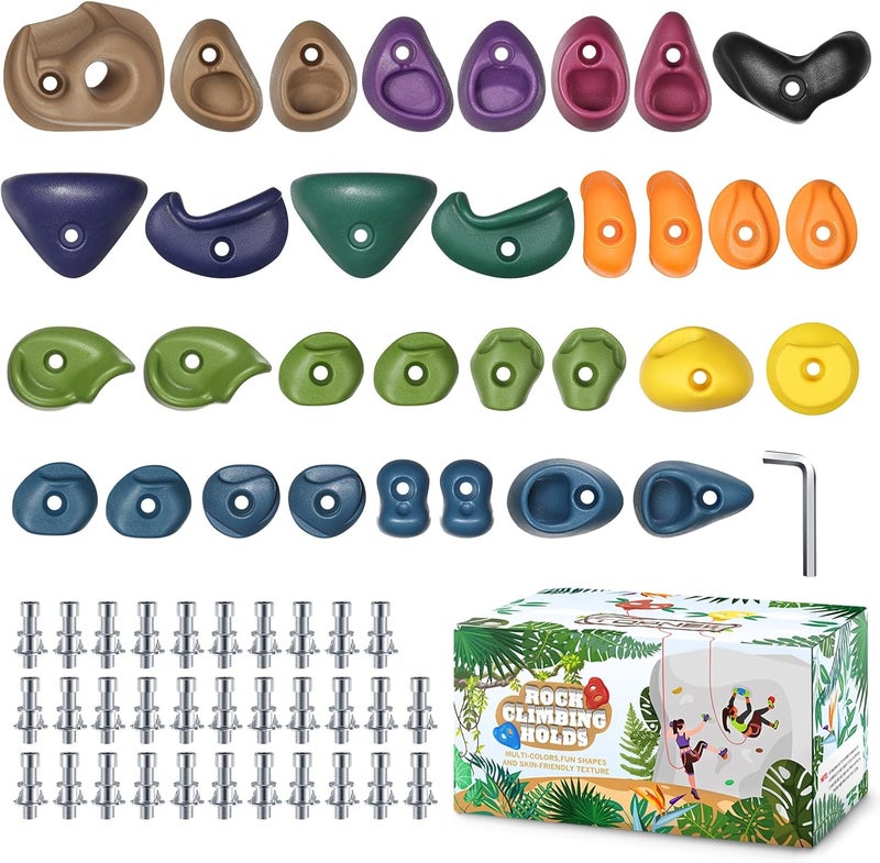 TOPNEW 32PCS Rock Climbing Holds with Mounting Hardware - Climbing Rocks for Indoor/Outdoor Kids Adults Rock Wall, Play Set & Climbing Gym, Dark Color - Image 1